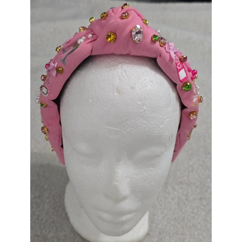 Brianna Cannon Pink Champagne Party Headband Crystals Pearls Embroidered Knotted